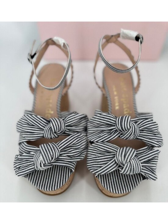 Kate Spade Julep Double Bow Platform Wedge Sandals sz 6.5 Navy Stripe Cork Ankle - Picture 4 of 11